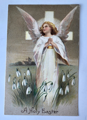 VTG 1910 HOLY EASTER Postcard ANGEL CROSS SNOWDROP FLOWERS ELLEN CLAPSADDLE
