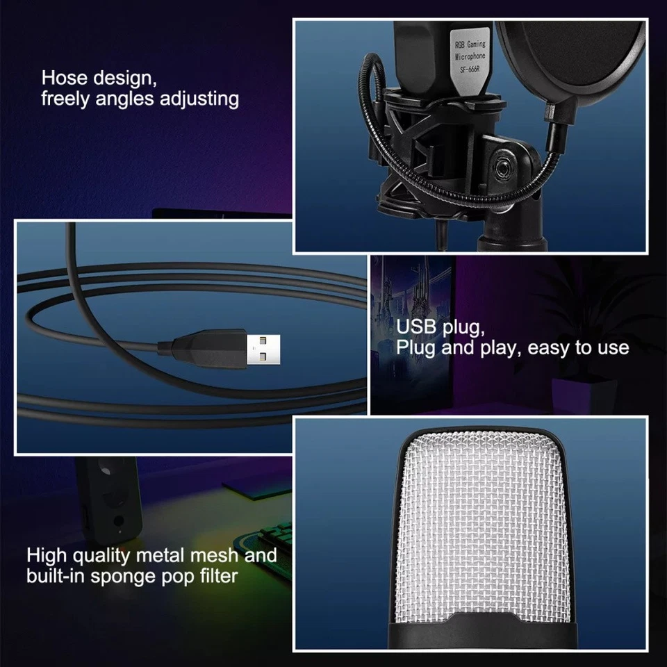 USB Mikrofon für PC und Laptop Kondensator Standmikrofon 360 ° Studio Gaming - Bild 2 von 4
