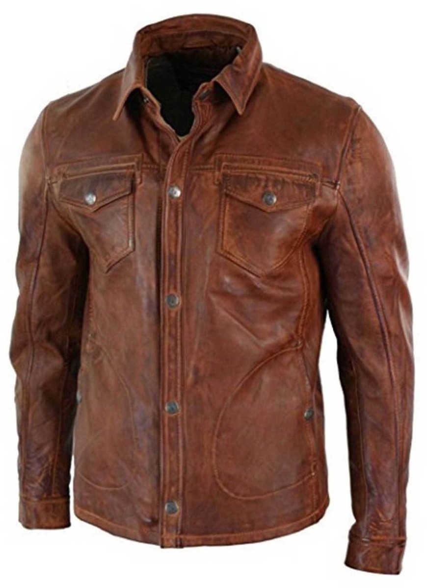 Mens Casual Vintage Distressed Brown Genuine Real Leather Shirt