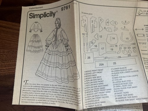 SIMPLICITY #9761 Civil War Era Two-Piece Dress 1850-1860 Size  RR 14-20 UNCUT - Picture 3 of 6