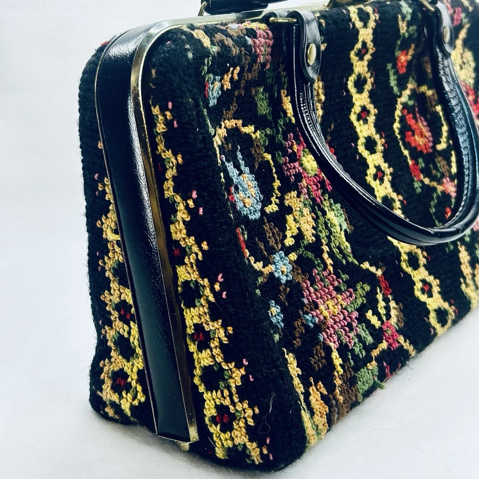 Vintage Floral Carpet Bag Needlepoint Tapestry Structured Satchel Medium Black - Image 3 of 4