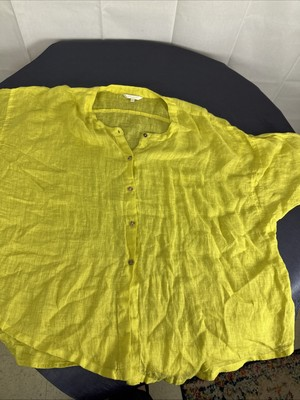 #ad Kleen 100% Linen Chartreuse Buttondown short Sleeve Blouse Size 1X Lange Look $21.98