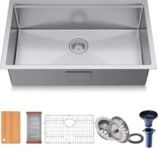 32" Undermount Kitchen Sink – 16G 304 SS Workstation, Single Bowl, 9" Deep