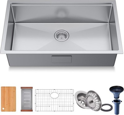 32'' Undermount Kitchen Sink   16G 304 SS Workstation, Single Bowl, 9'' Deep