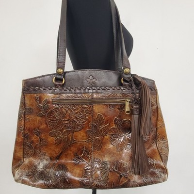 Patricia Nash Womens Zancona Floral Embossed Leather Shoulder Bag Brown Tassel