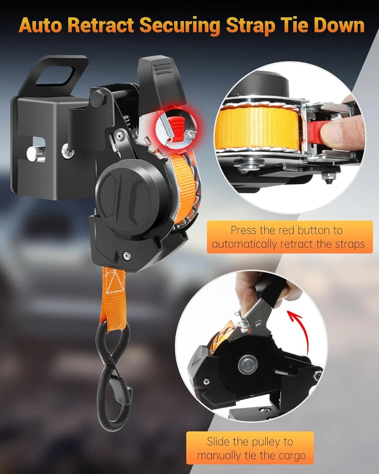 Correas de trinquete retráctiles de doble pivote para caja de camioneta Ford F150 97-14, (1 pieza) Foto 3 de 4