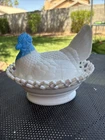 Vintage Westmoreland milk glass hen on a nest W/blue Slag Glass Head READ