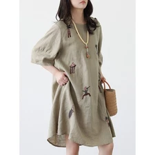 Hand Embroidered Linen, Summer Dress, Crew Neck Loose Mid Dress