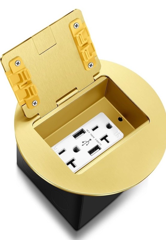 Kanayu Gold Recessed Floor Outlet w/ 4.8A USB, 20A TR, 3.98"x3.66"x4"