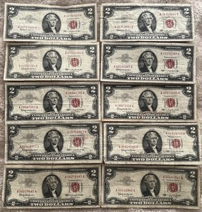 Lot Of (10) 1963 $2 U.S Circulated Legal Tender Red Seal Note.