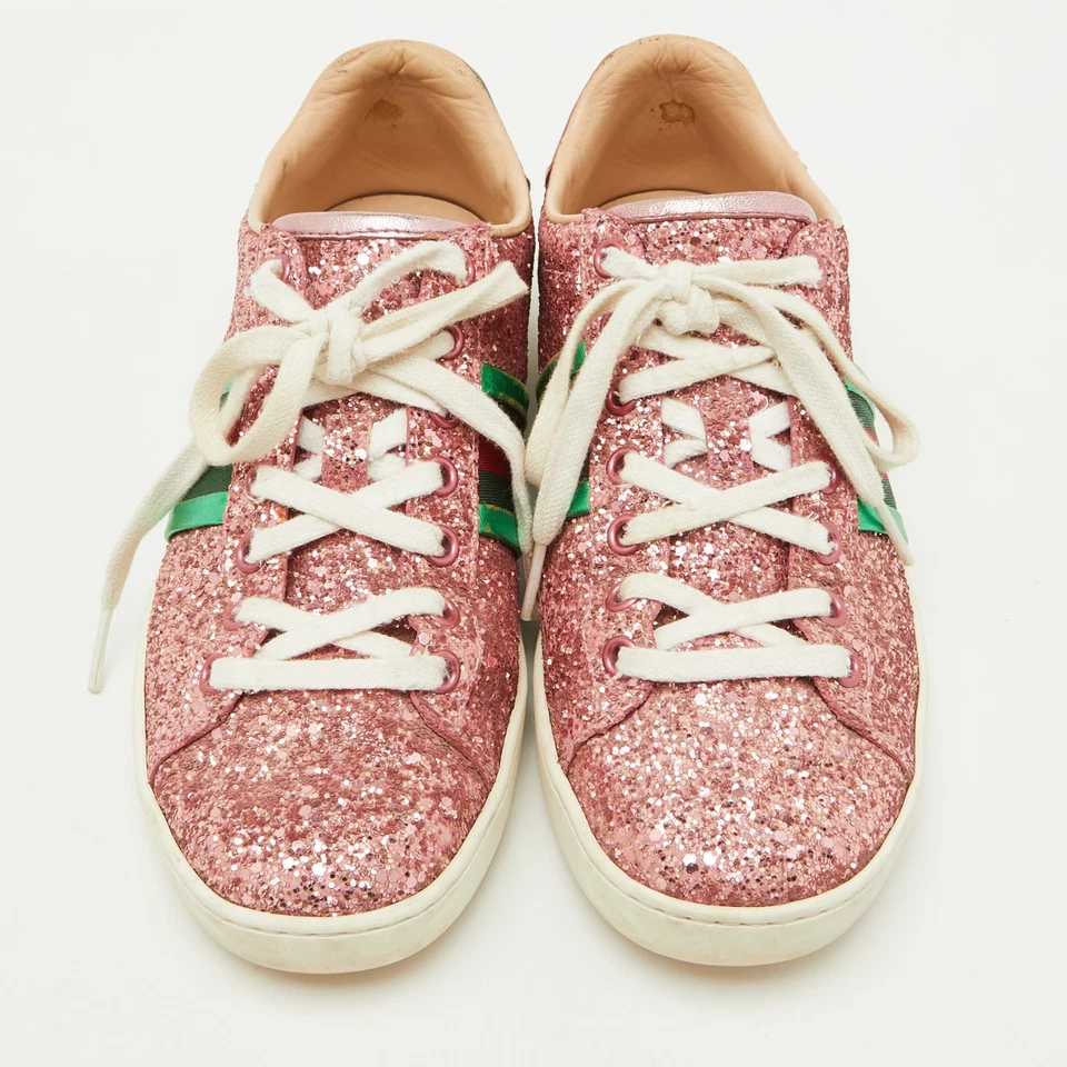 Tênis Gucci rosa glitter e couro detalhe de teia ás cano baixo tamanho 36 - Imagem 3 de 4