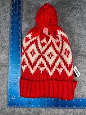 Old Navy Beanie Toque Adult One Size Red Knit Fair Isle Poly Acrylic Pom NEW