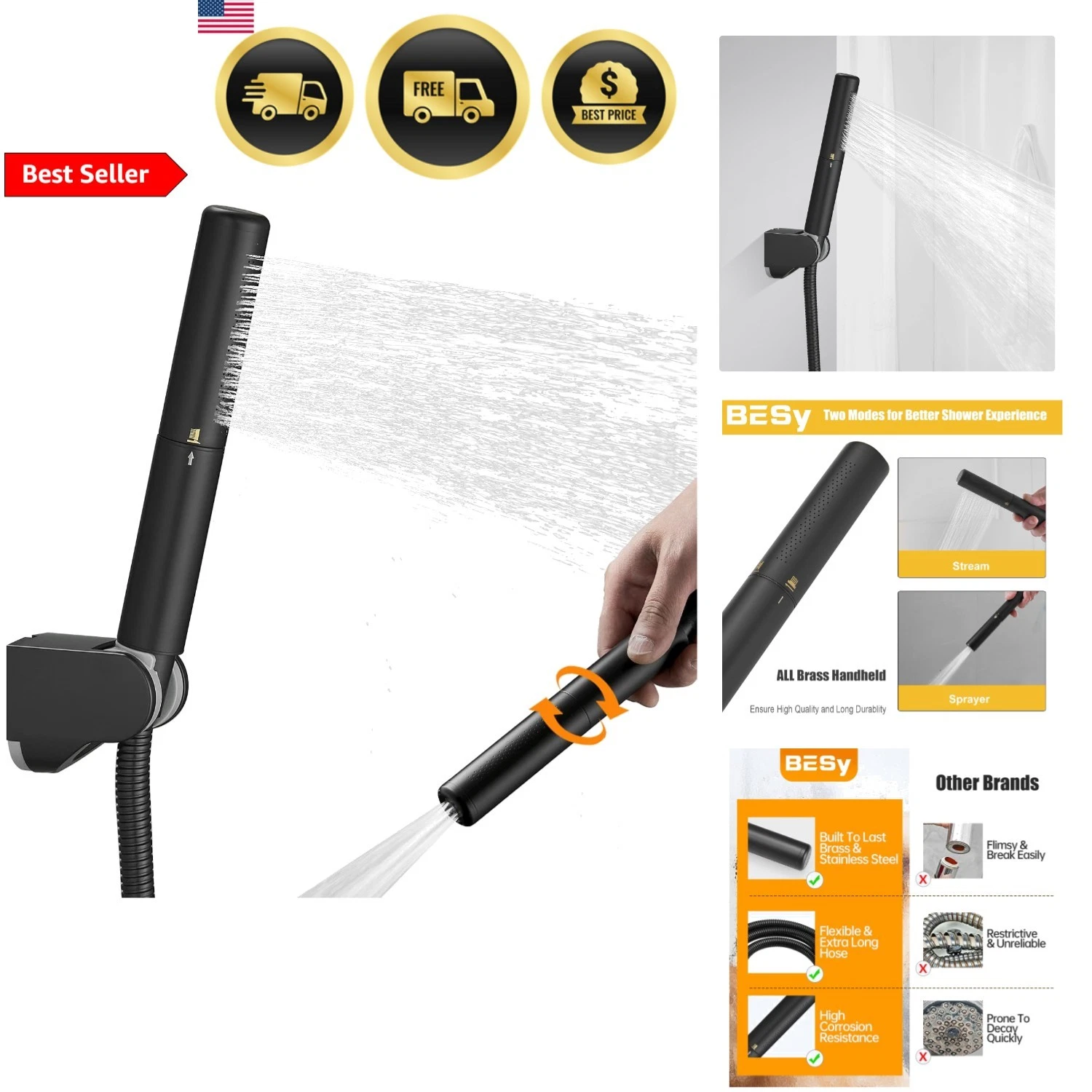 Handheld Shower Head Set High Pressure Matte Black 2 In 1 Water Saving