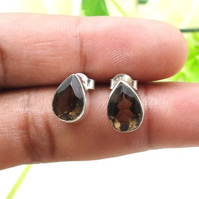 925 Sterlingsilber Rauchige Quarz Ohrstecker Tropfenschliff Braune Edelstein - Bild 1 von 4