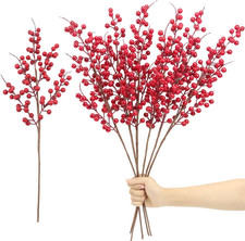 6 Pack Artificial Red Berry Stems 25.2 Inch, Long Christmas Red Berries Faux Red