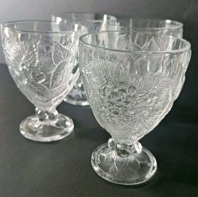4 Pasabahce Fruit Embossed Heavy Pressed Glass Water Goblets Glasses Or Dessert 