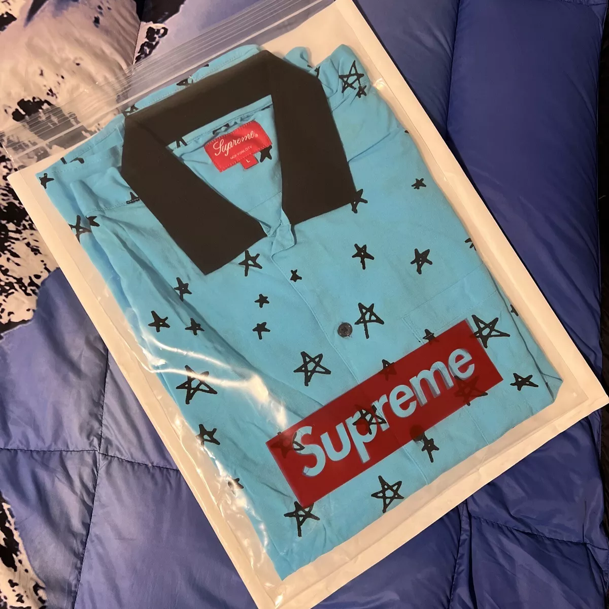Supreme Devil Rayon Shirt Size L Blue Single Chest Pocket Original Artwork