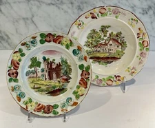 Swansea Pair Cottage Ruins Molded Rim Floral Border Child's Plates