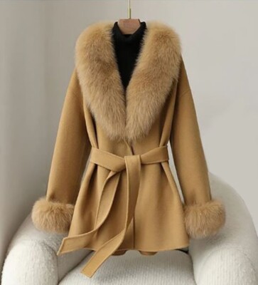 Women's Brand New Sz S M 100% Wool Jacket Coat Fox Fur