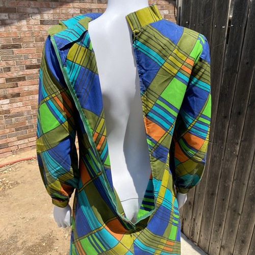 Vintage 60-70s Mod Psychedelic Plaid Dress Faux Button-up Lightweight Size Small - Picture 16 of 24