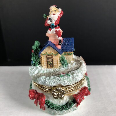 Santa Claus Chimney Hinged Trinket Box w/Bag of Toys Trinket Christmas Resin 