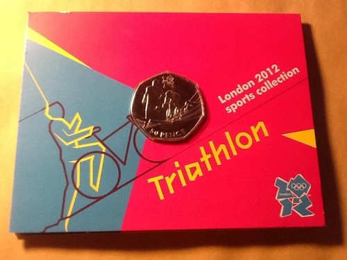 Olympia 50p Münze Triathlon Royal Mint kartoniert BUNC Olympia