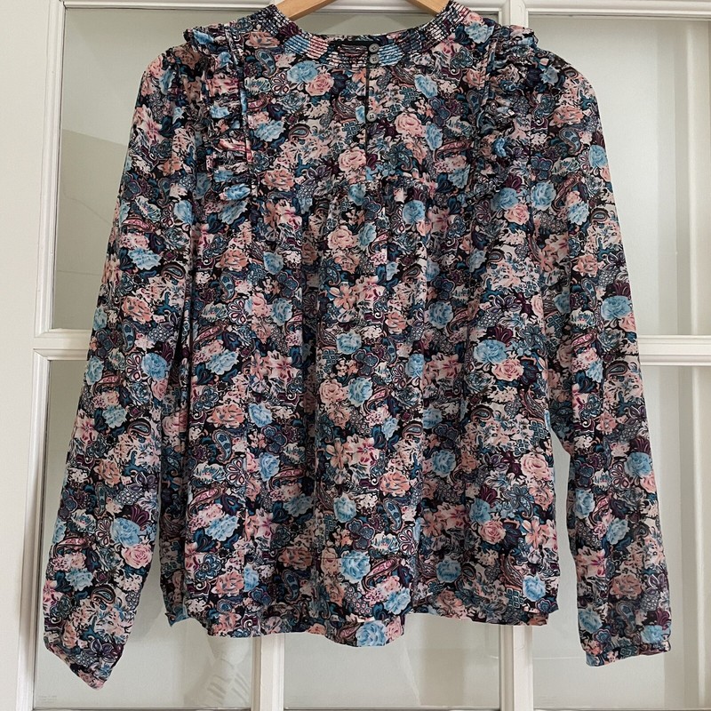 J Crew ruffle floral print silk cotton long sleeve blouse blue pink h2201 med M