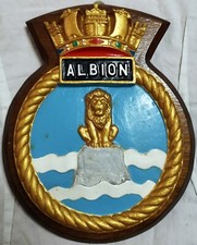 HMS Albion Ship Crest Plaque – Hand-Painted, Solid Mahogany Mount, 1.040kg
