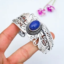 925 Sterling Silver Natural Lapis Lazuli Gemstone Handmade Jewelry Cuff Bracelet