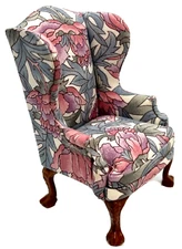 Vintage Dollhouse Miniature Floral Wing Back Chair Wooden Carved Legs 1:12