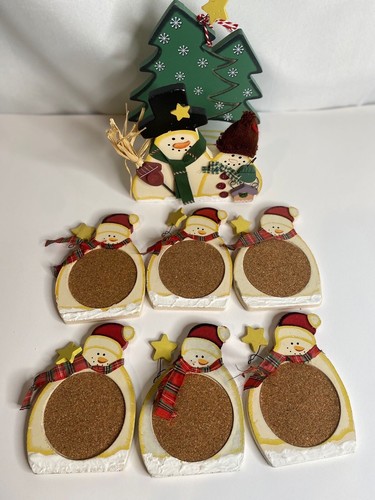 Christmas Snowman Vintage Wooden Coaster Set (6) Handpainted Holiday Decor - Picture 8 of 12