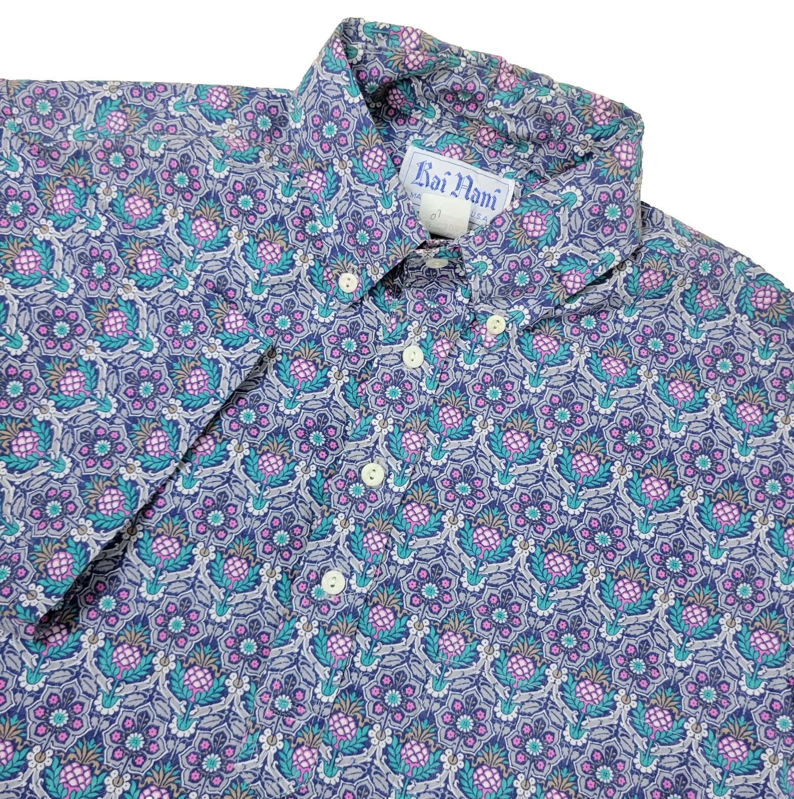 Kai Nani Mens Medium Multicolor Floral Pineapple Hawaiian Button Down Polo USA