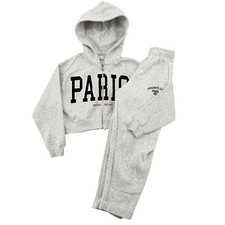 Zara Kids Paris Tracksuit Set Gray Cropped Zip Hoodie and Joggers Size 11-12