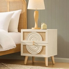 (1x) 2 Drawer Bedside Table with Storage, White & Beige Light Wood Rattan