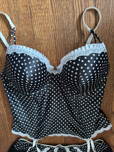 Jezebel Lingerie M Black White Polka Dot Satin Lace Corset W Skirt Set Ruffles🔥 - Picture 3 of 12