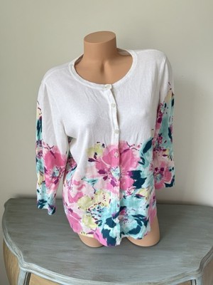 Christopher Banks Cardigan Sweater L Pink Coral Floral Cottage Coastal Grandma