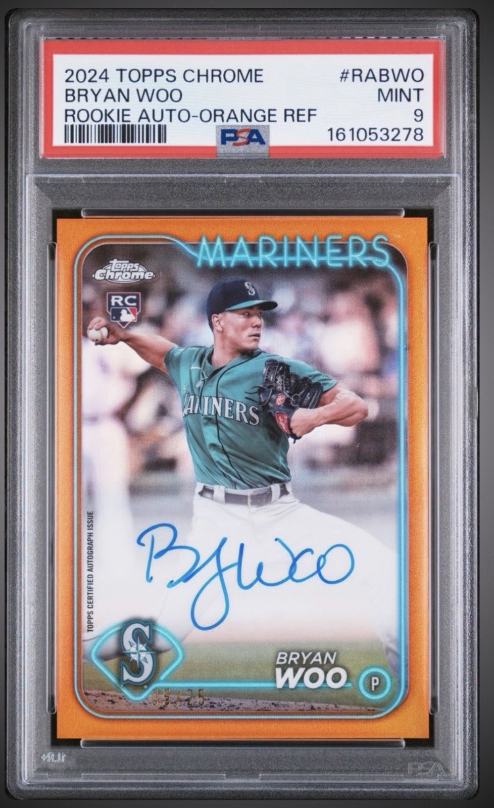 2024 Topps Chrome Bryan Woo True Orange Refractor Auto RC #RA-BWO /25 PSA 9