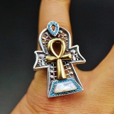 UNIQUE Handmade Adjustable Silver Ring Band Ancient Egyptian Ankh "Key of Life"