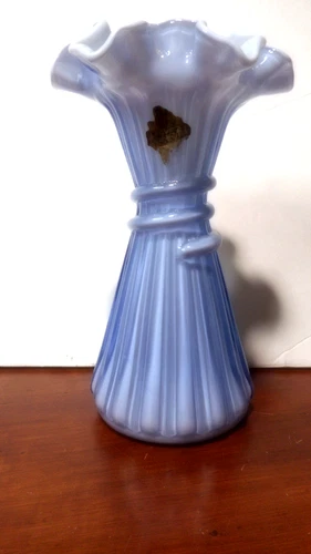Fenton Wheat Vase Blue Periwinkle White Overlay Cased Art Glass w/ Ruffled Top