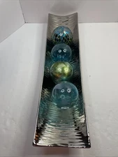 Pier 1 Imports Iridescent Ceramic Decorative Sphere Ball Turquoise Set 4 w/tray