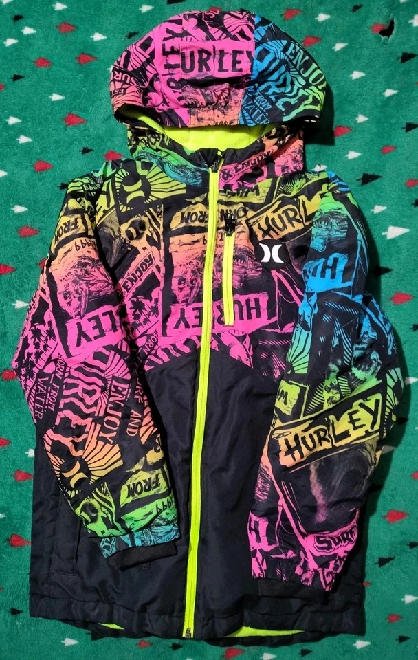 Abrigo Chaqueta Hurley Juvenil Graffiti Estampado Puffer Con Capucha NEGRO NEÓN TALLA 10/12 LEER Foto 2 de 4