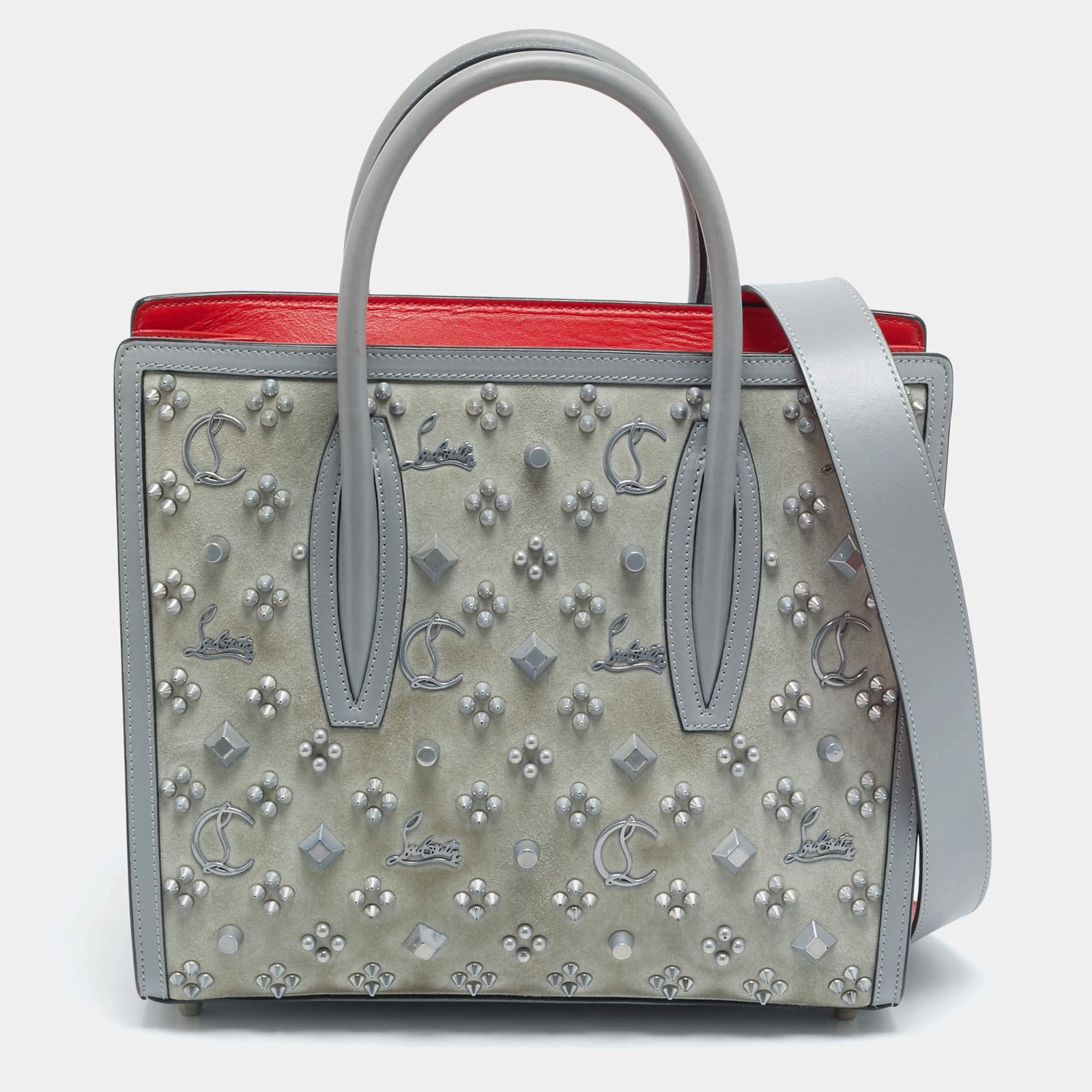 Christian Louboutin Paloma Spiked Medium Grey Suede and Leather Tote