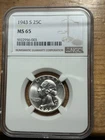 1943s Washington Quarter NGC MS65