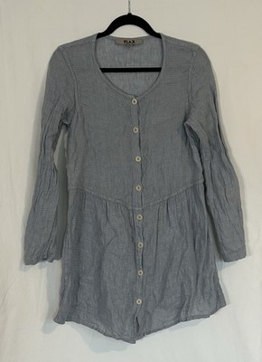 FLAX Button Down Tunic Women XS Blue/Gray Long Slv Scoop Neck Back Drawstring