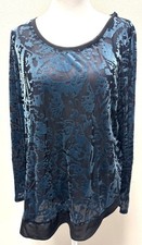 Simply Vera Wang Burnt Out Velvet Chiffon Tunic Blouse Blue Black Trim Pm Gothic