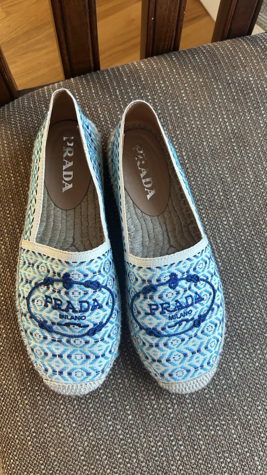 PRADA Blue White Embroidered Canvas Geometric Flats Slip On Women's EU 36