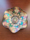 Nice Fenton Green Carnival Glass Little Flowers Pattern Ruffled Bowl 10 1/4"