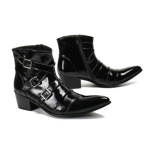 Men Rubber Sole Hidden Wedge High Heel Pointy Toe Leather Fashion-Ankle Boots - Afbeelding 1 van 9
