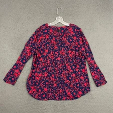 Talbots Top Womens Size X Blue Red Floral Abstract Long Sleeve Mom Casual