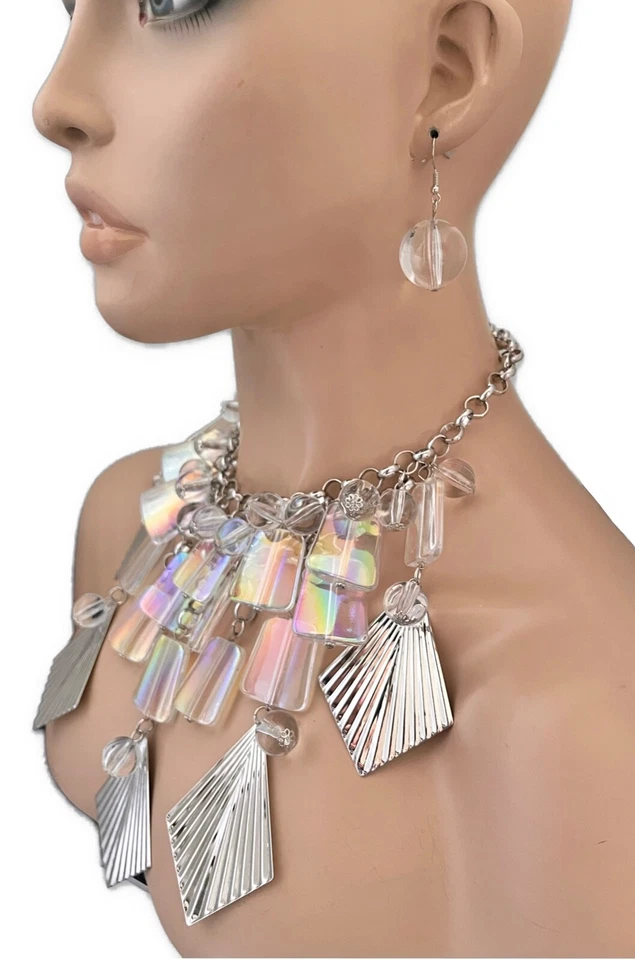 Gargantilla de noche con cuentas de lucite aurora boreal babero flecos collar llamativo Foto 2 de 3